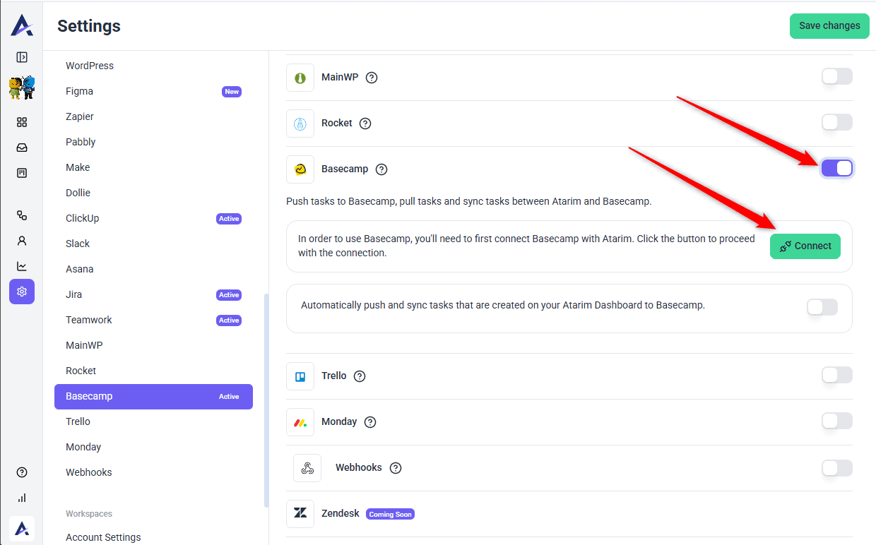 Basecamp section under Settings and Integrations in the Atarim dashboard