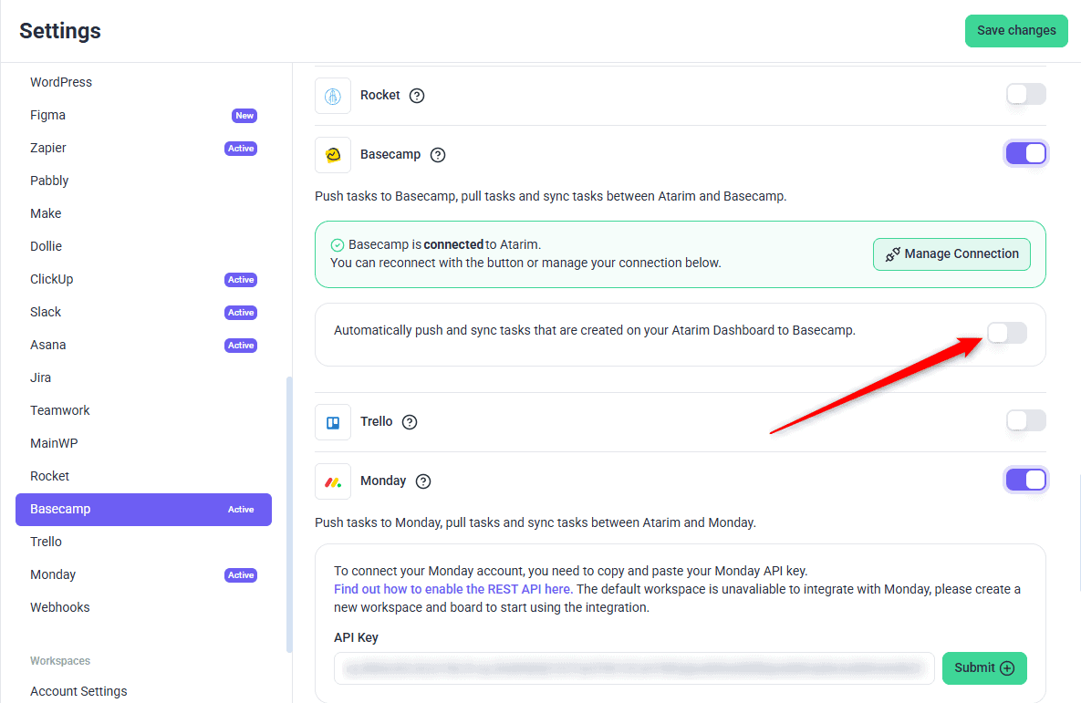 Auto-push to Basecamp switched on