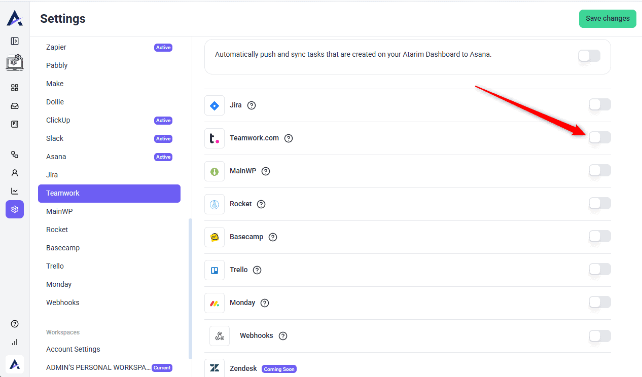 Teamwork integration being enabled in Atarim settings