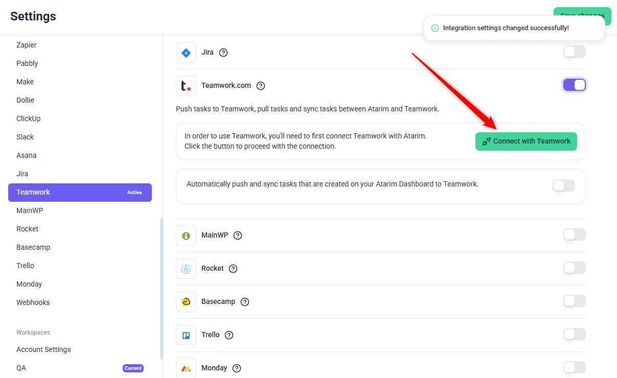 Setup connection step for the Teamwork integration