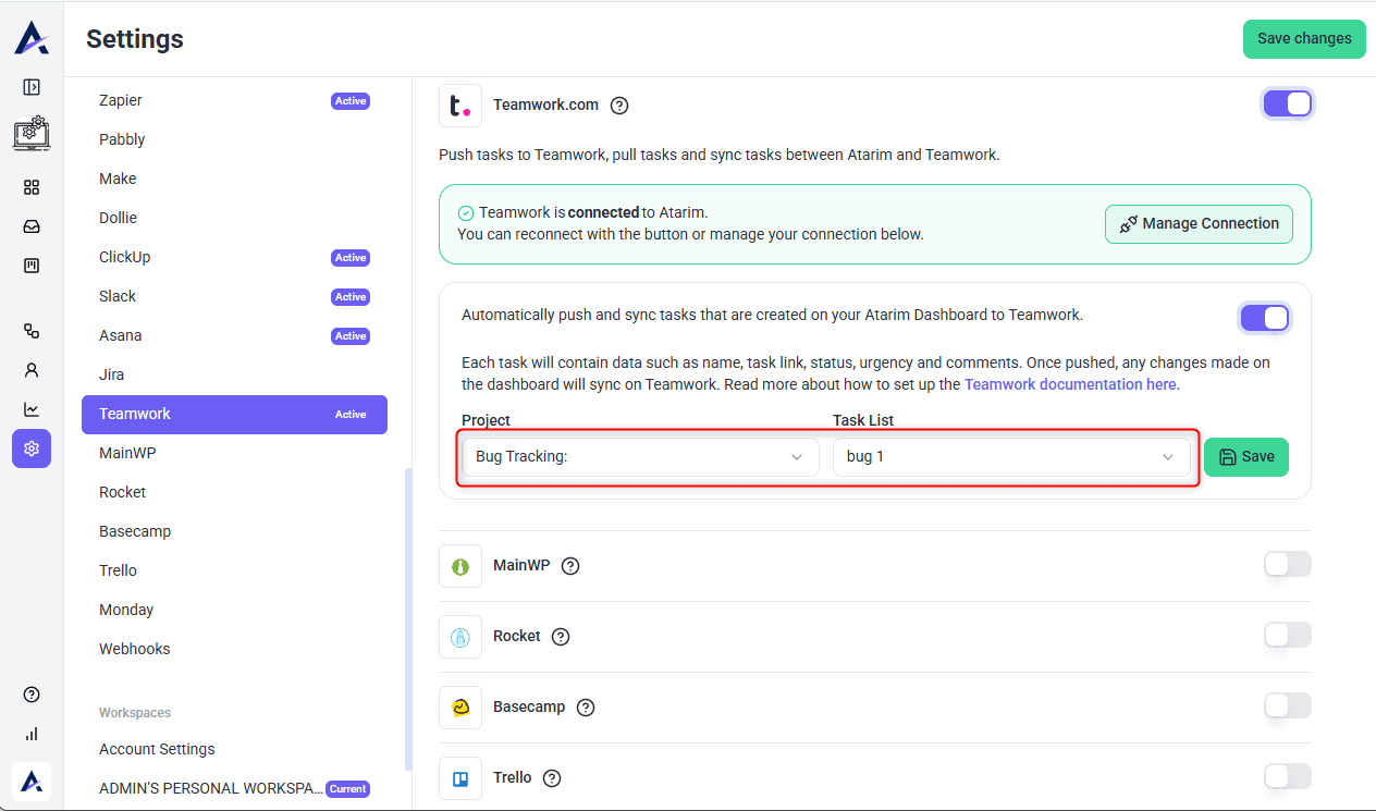 Teamwork project and task name selected for syncing