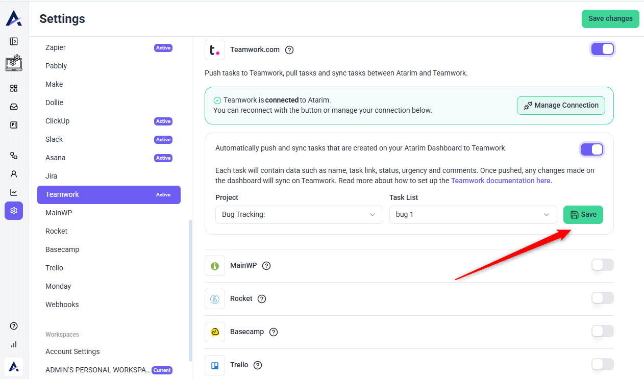 Save button confirming the sync settings