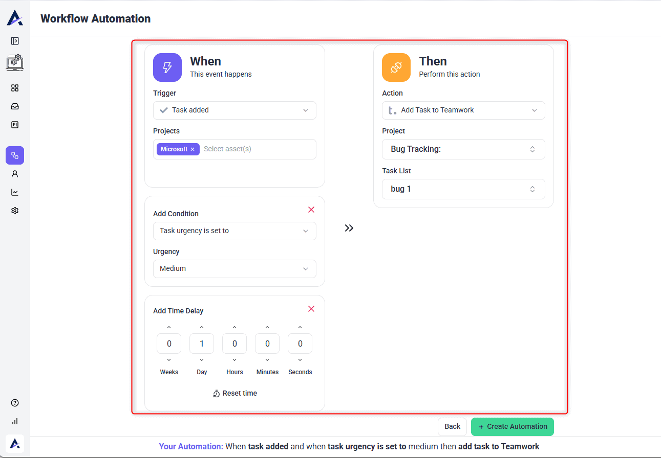 Trigger and action configured on the automation
