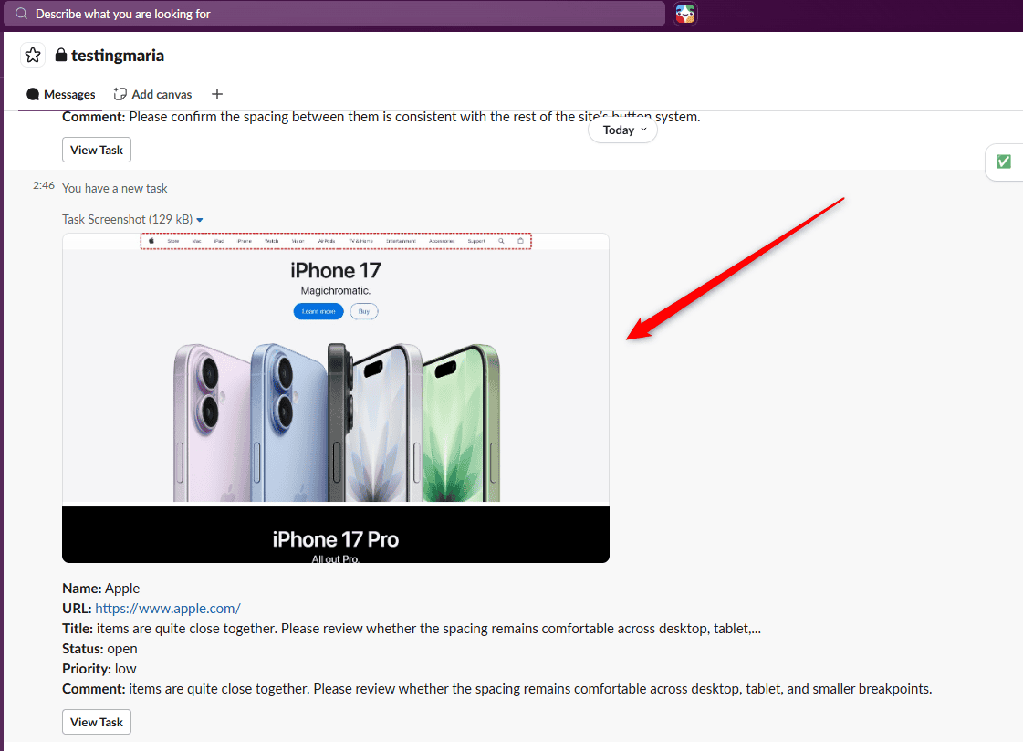 The same Atarim task appearing as a message in Slack