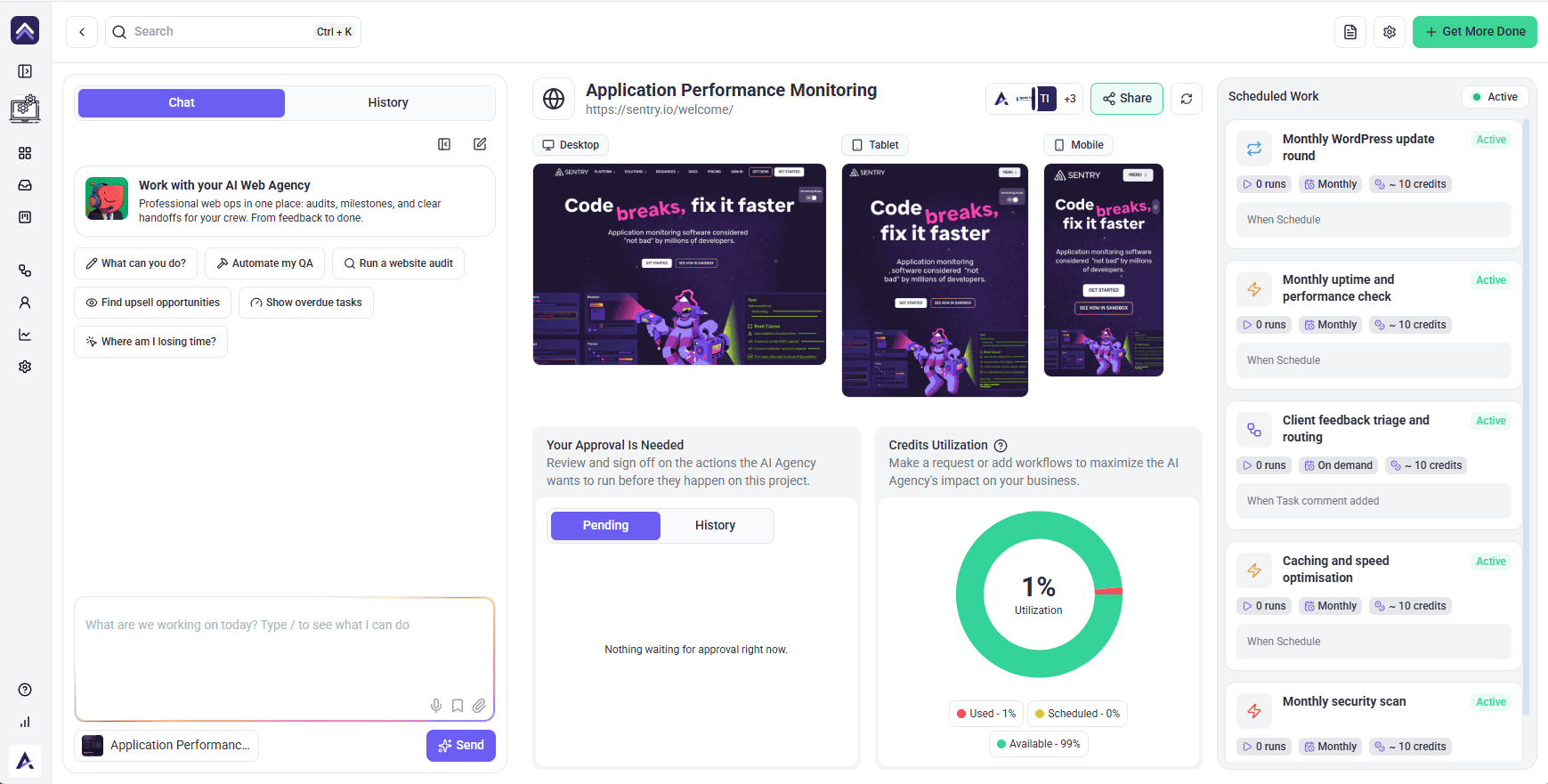 Project dashboard with chat rail, site preview and scheduled work