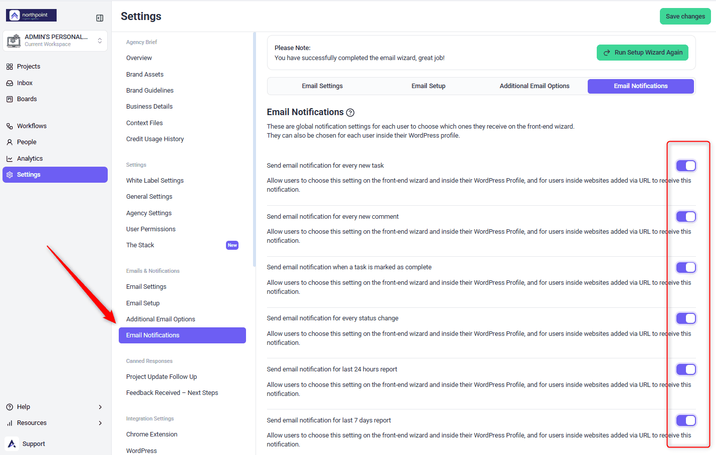 Emails and Notifications settings panel with notification frequency options
