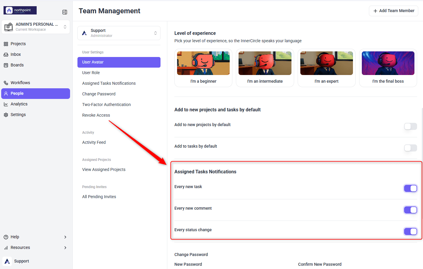 People screen showing per-user notification settings