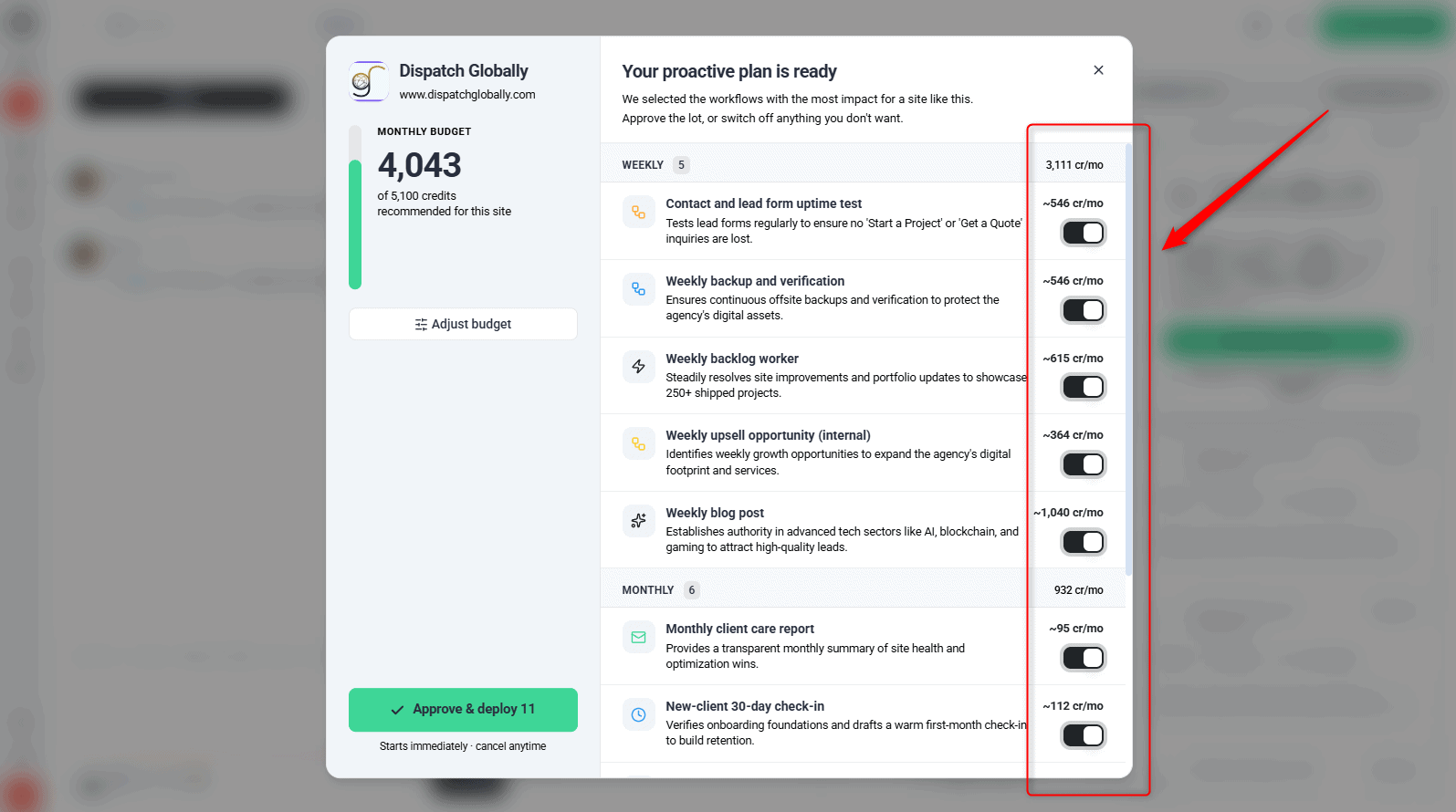 Proactive plan modal listing workflows grouped by cadence, each with a credit cost and toggle