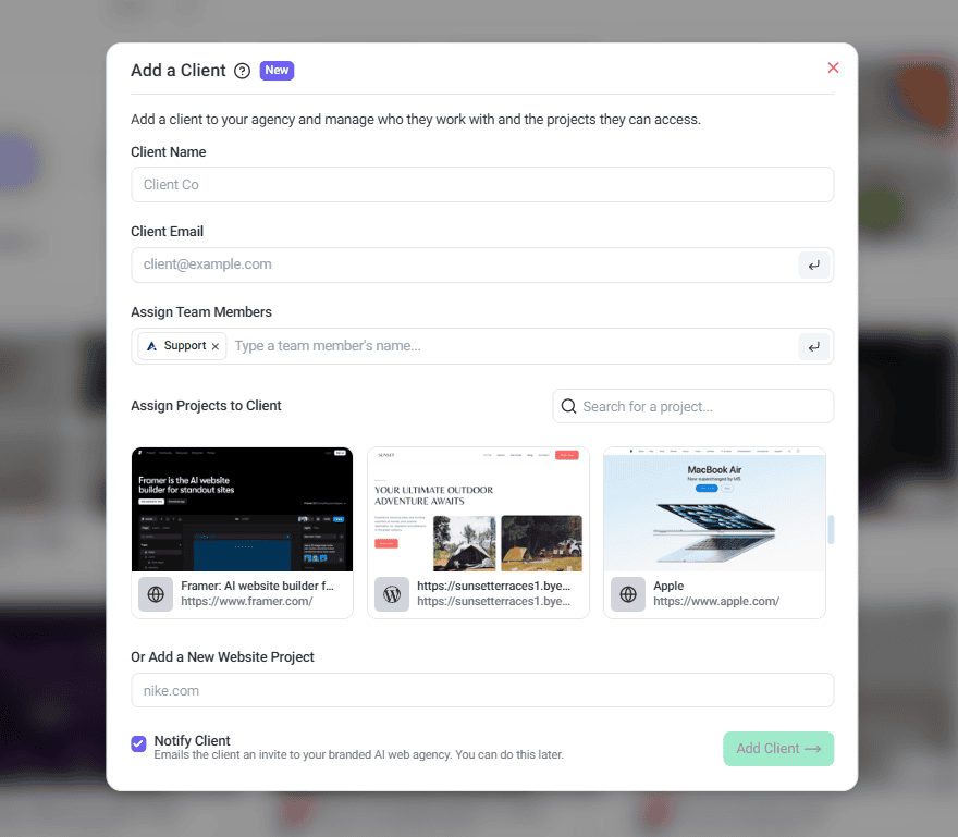 Add a Client modal with the client's details
