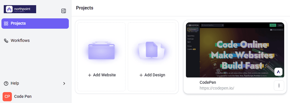 Website Owner Projects screen with a narrow sidebar