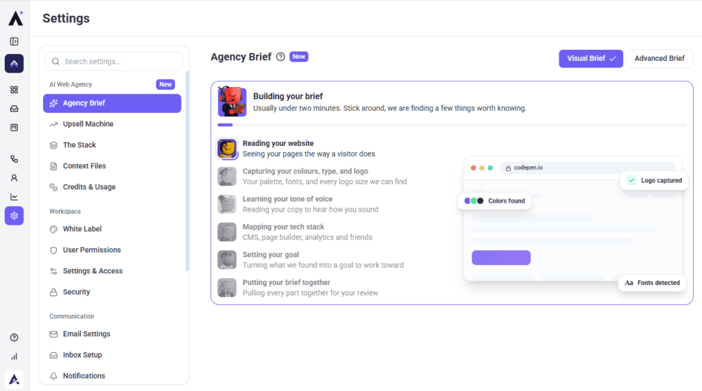 Six-step progress view as the AI starts reading the site