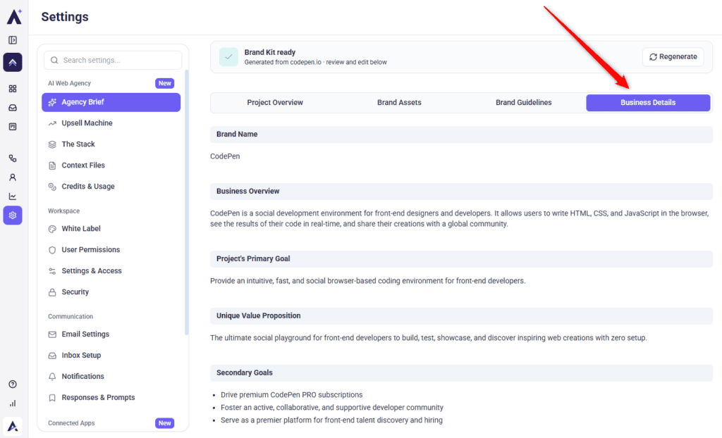 Business Details tab showing the business overview