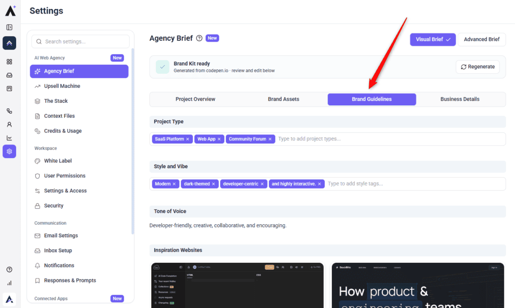 Project type and style fields shown as removable tags