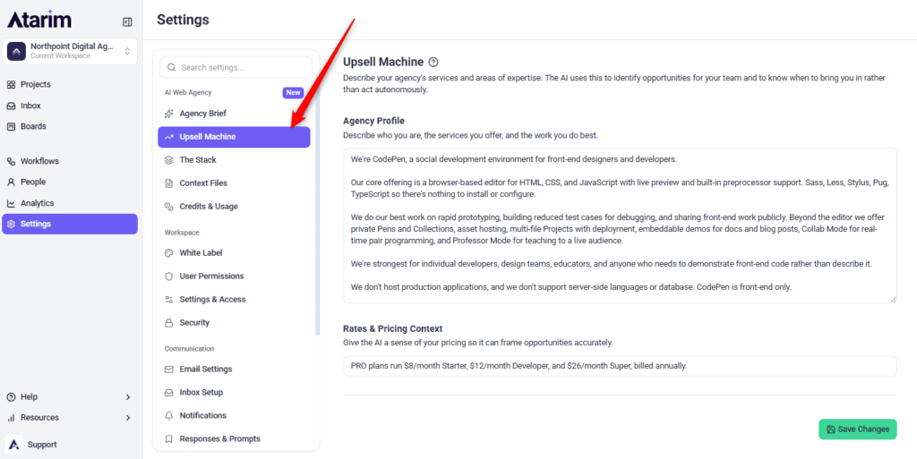 Upsell Machine page with the Agency Profile text area