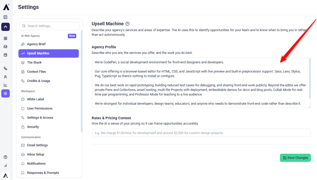 Agency Profile filled in with a description of the agency's services