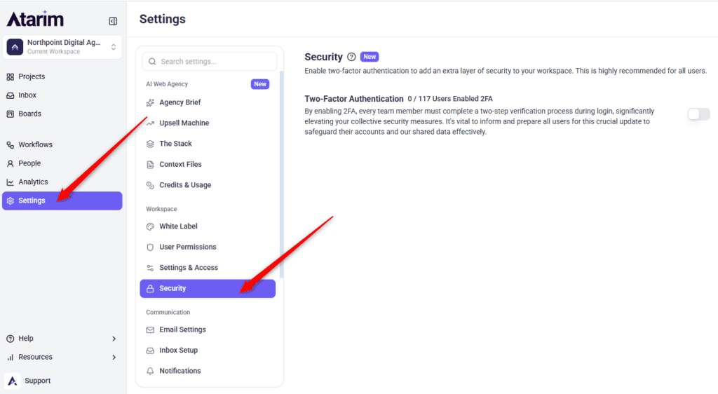 Two-Factor Authentication located under Workspace settings