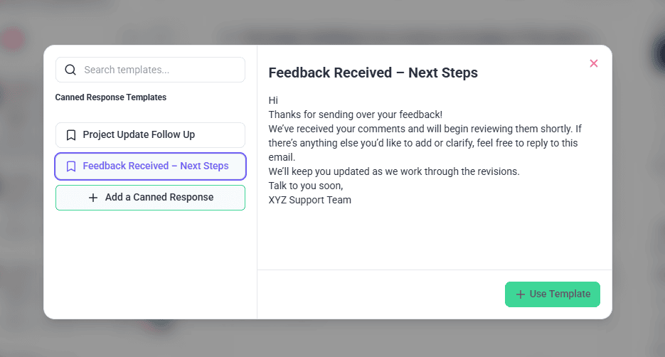 Template list with a preview pane and the Use Template button