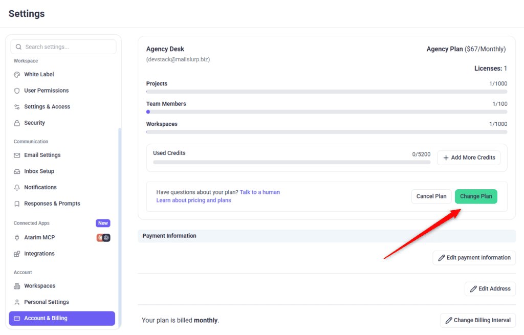 Change Plan at the bottom right of the Billing and Usage card