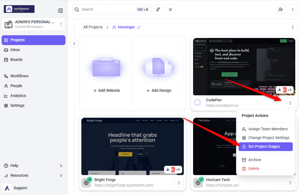 Set Project Stages in the project actions menu