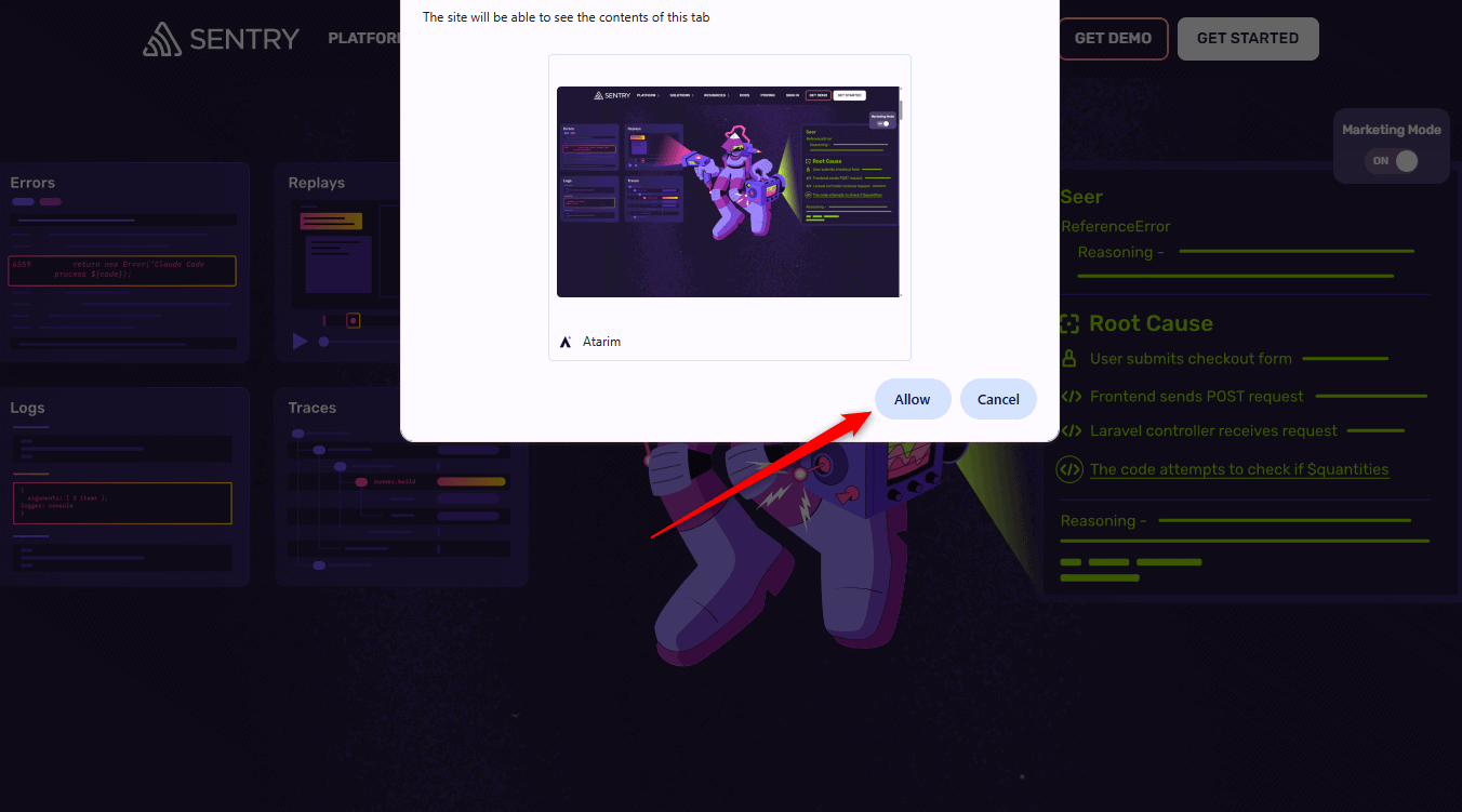 A browser prompt asking permission to allow app.atarim.io to view this tab