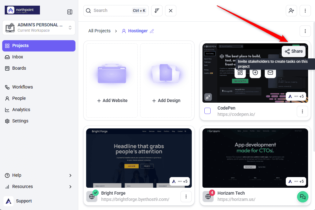 Share option on a project card on the Projects screen
