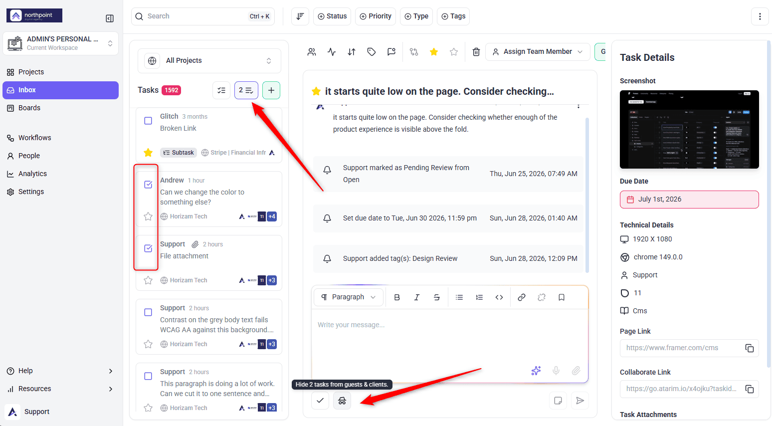 Visibility control applied to several selected tasks
