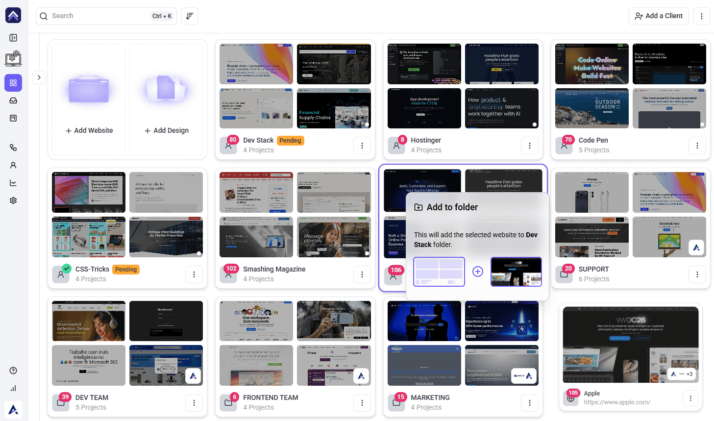Dragging one project card onto another in Atarim to create a folder