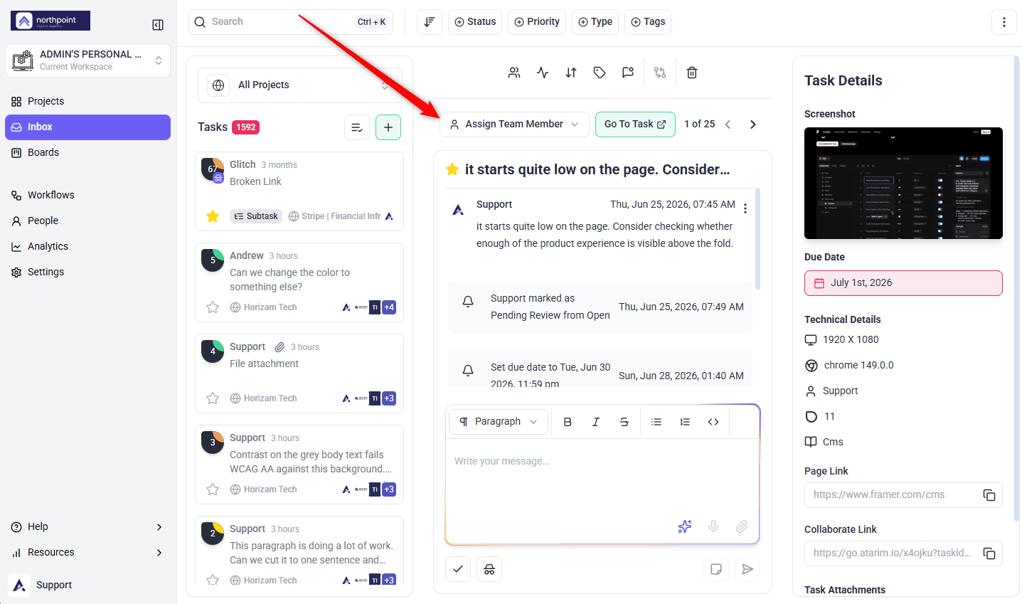 The Assign Team Member selector open on a task in the Atarim Inbox