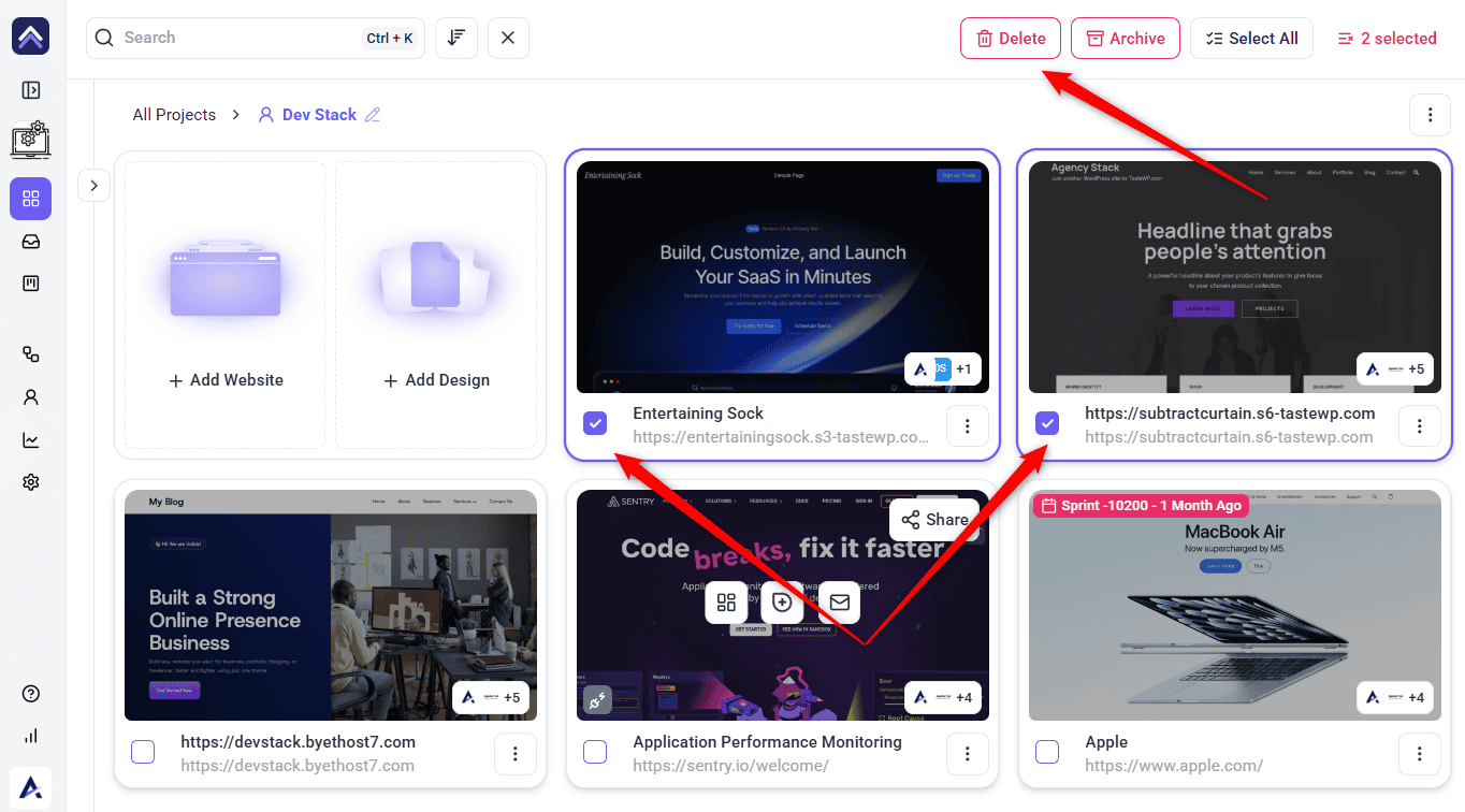 Confirmation listing every project in the selection