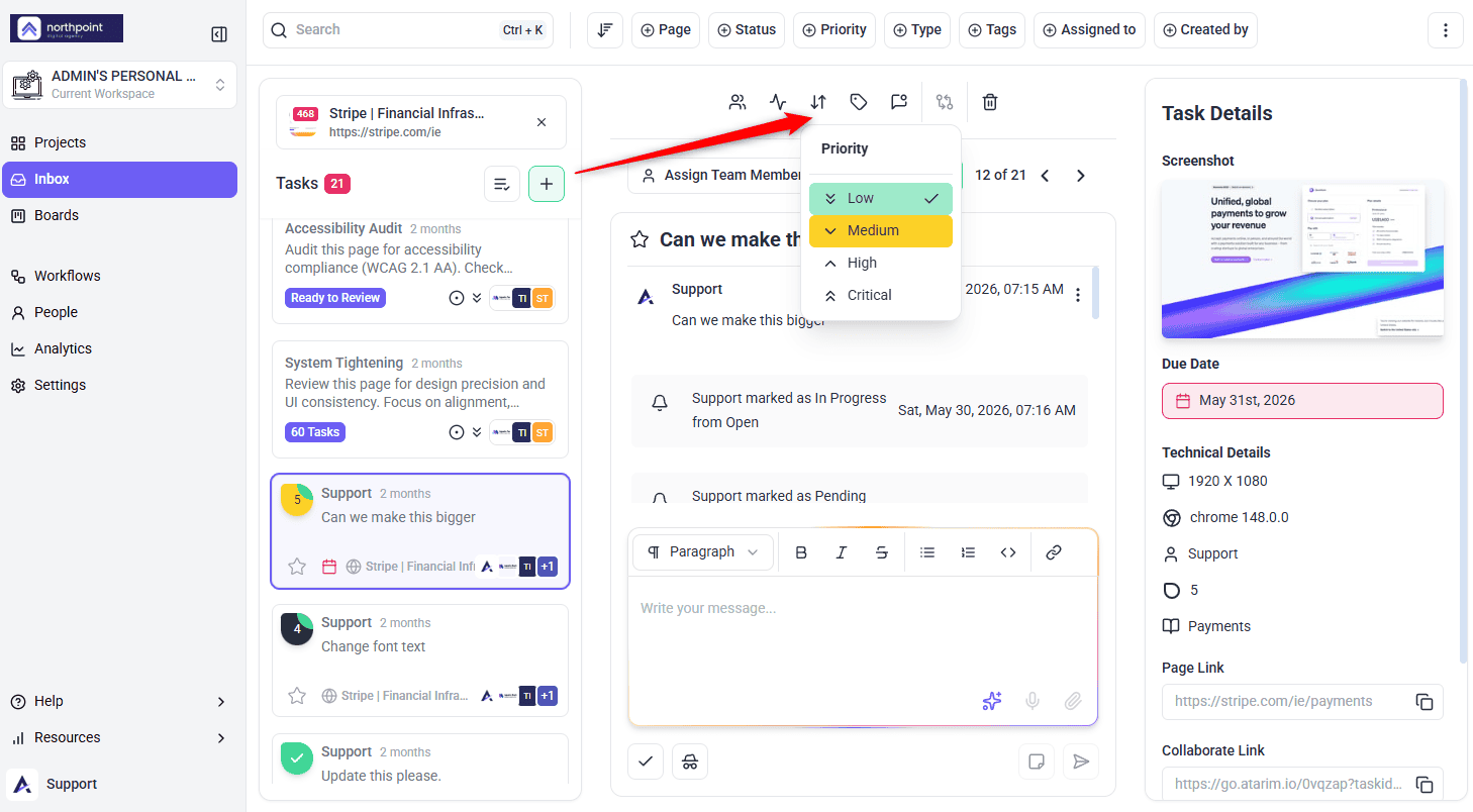 Priority selector open on a task in the Inbox