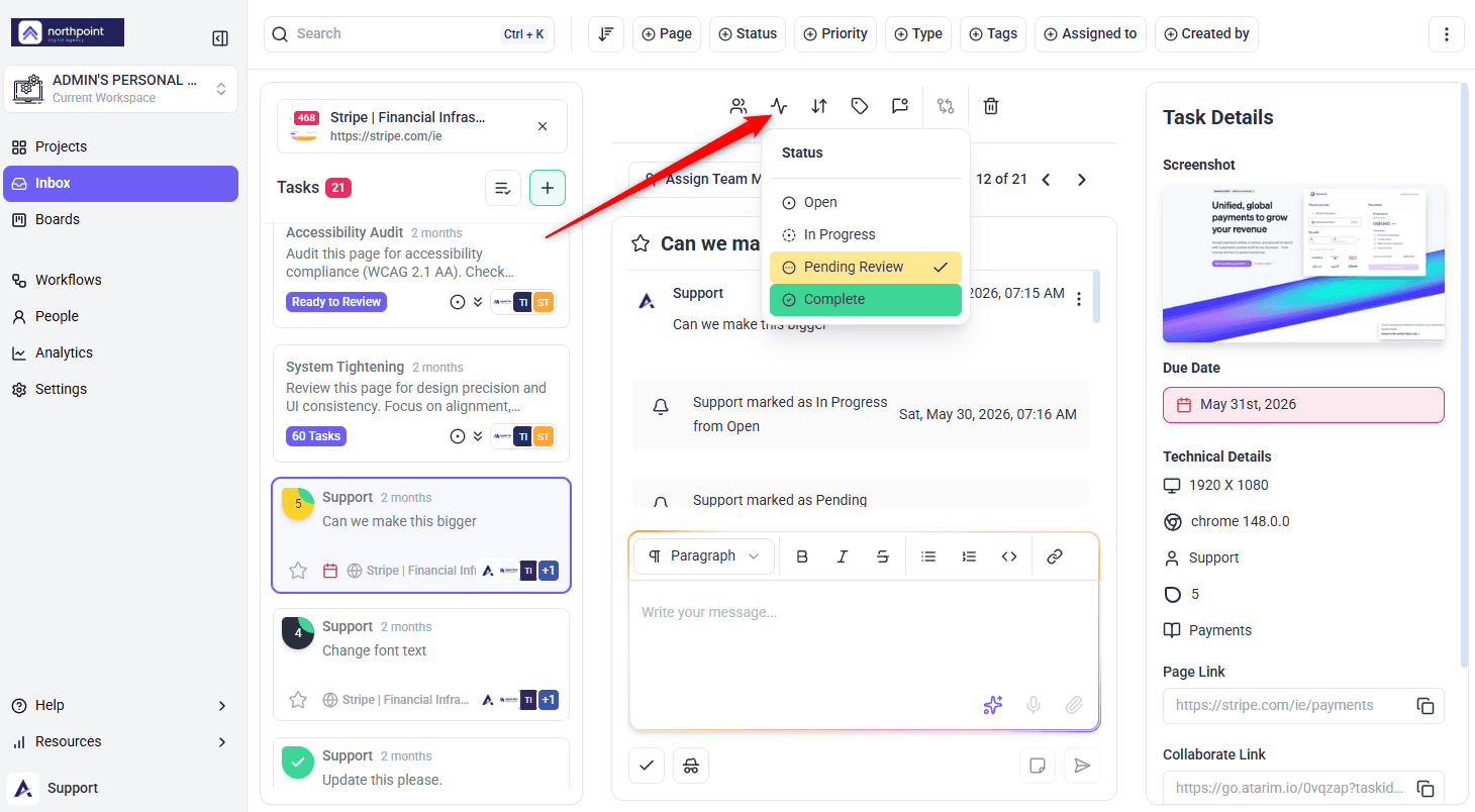 Task status being changed from the Inbox