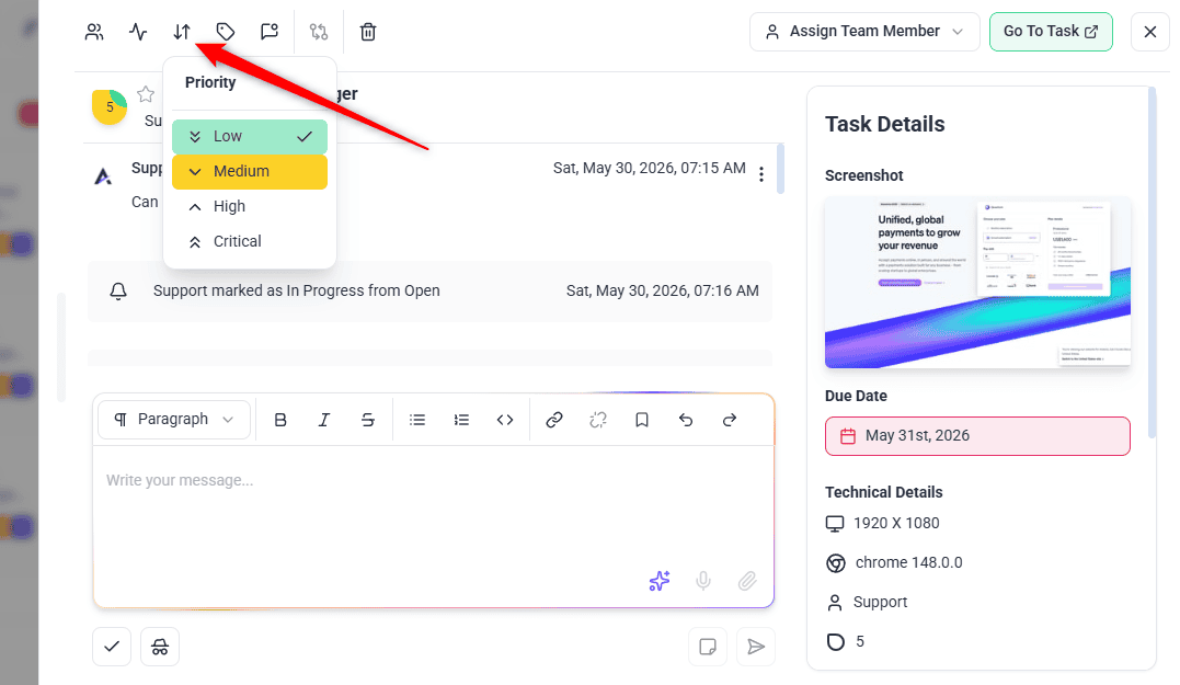 Priority selector on a task card in Board view