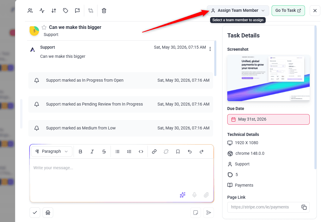 Assignee picker on a task card in Boards