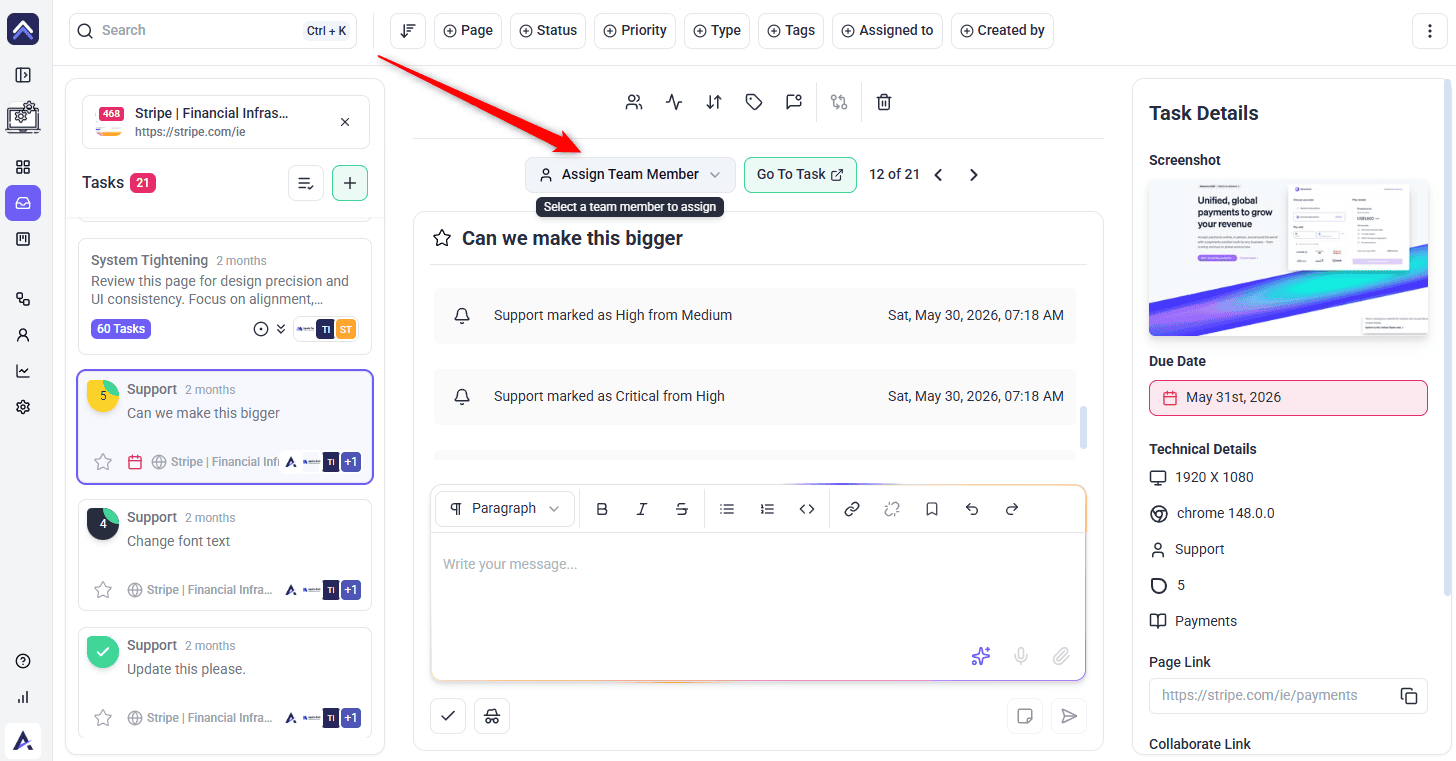 Assignee picker open on a task in the Inbox