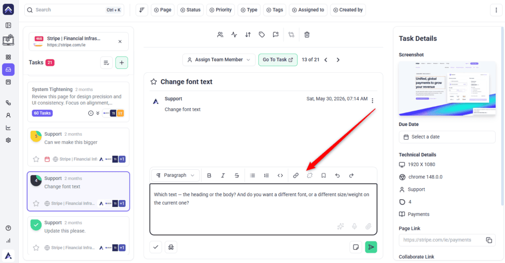 The comment composer on an Atarim task, with the note control beside the send button