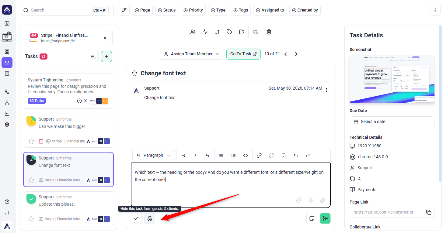 Toggle switching a task to internal-only