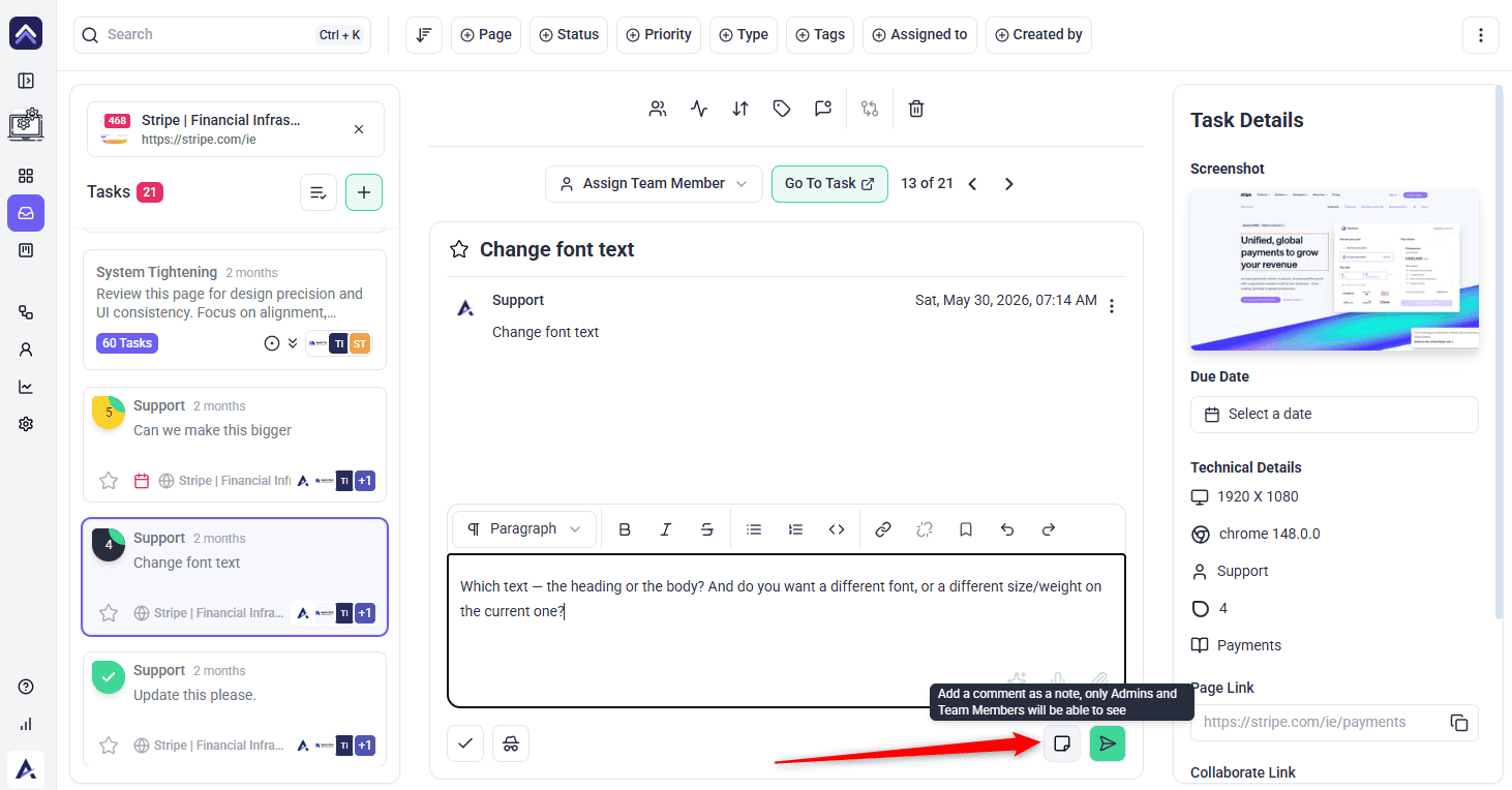 Internal note added to the task conversation