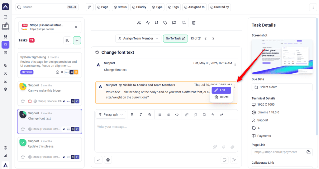 Actions menu open on a comment showing the Edit and Delete options