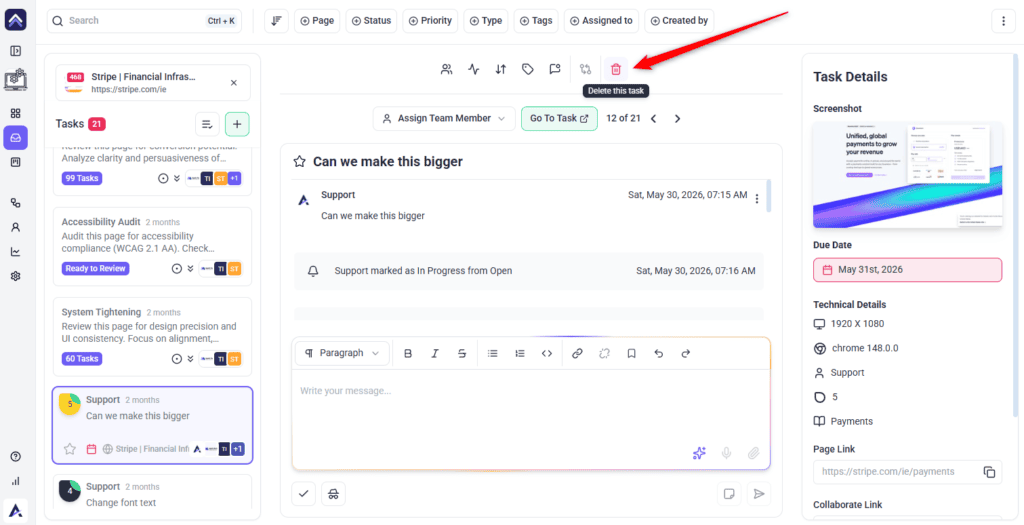 Delete action on a task in the Inbox