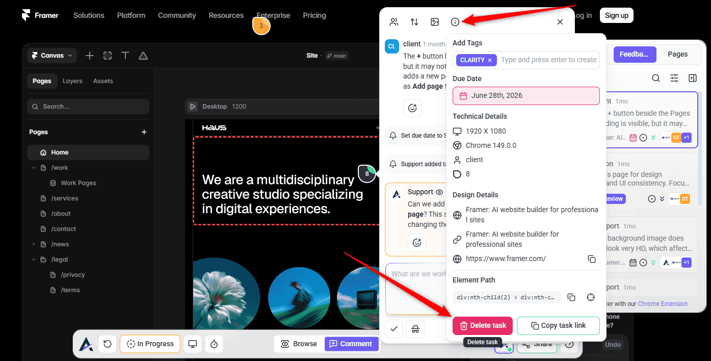 Delete action under Technical Details in Collaborate