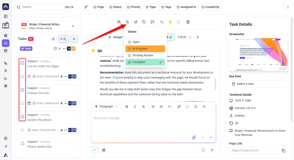 Status applied to several selected tasks at once