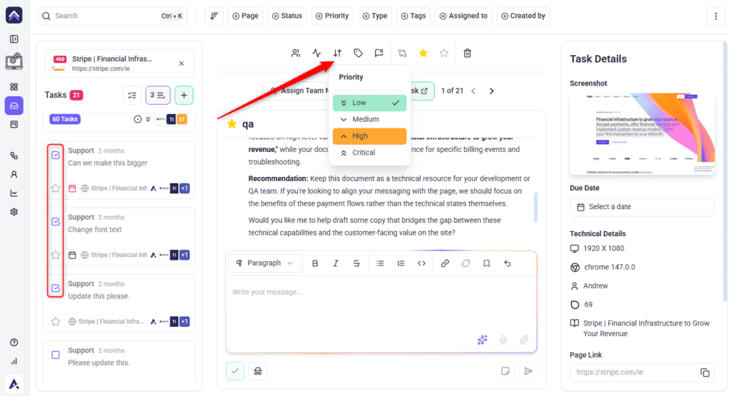 Priority applied to several selected tasks at once