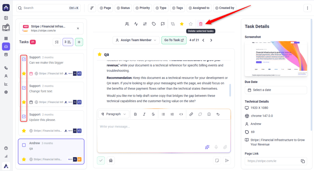 Several selected tasks deleted together