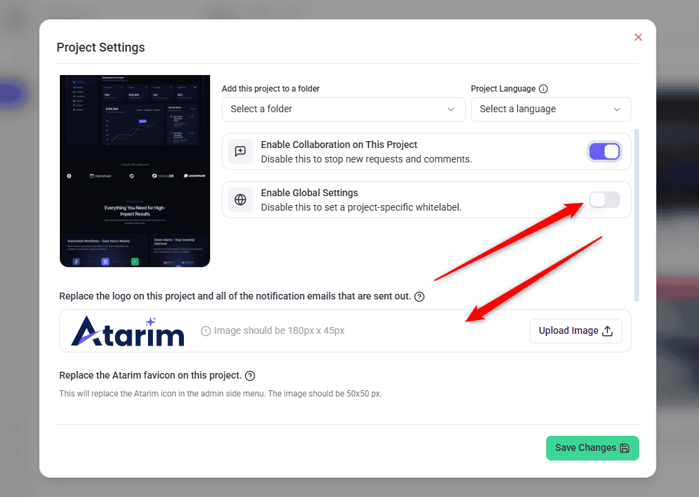 The white label section of Atarim Project Settings showing the logo URL, favicon field, and colour picker with previews