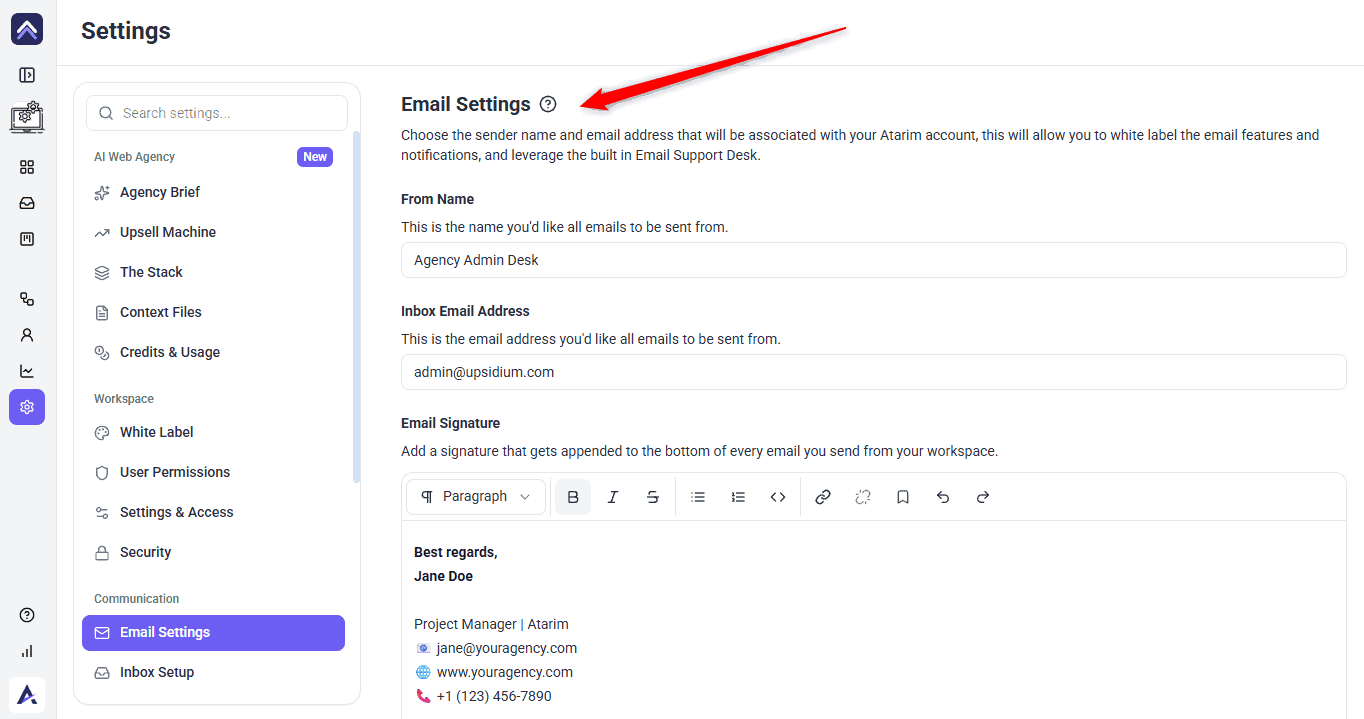 The Email Settings panel in Atarim, with From Name, Inbox Email Address, and Email Signature fields