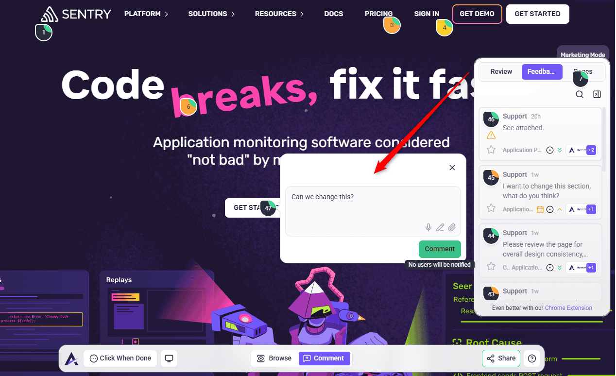 A task in Atarim with its automatic screenshot open, showing the page as it appeared when the feedback was left