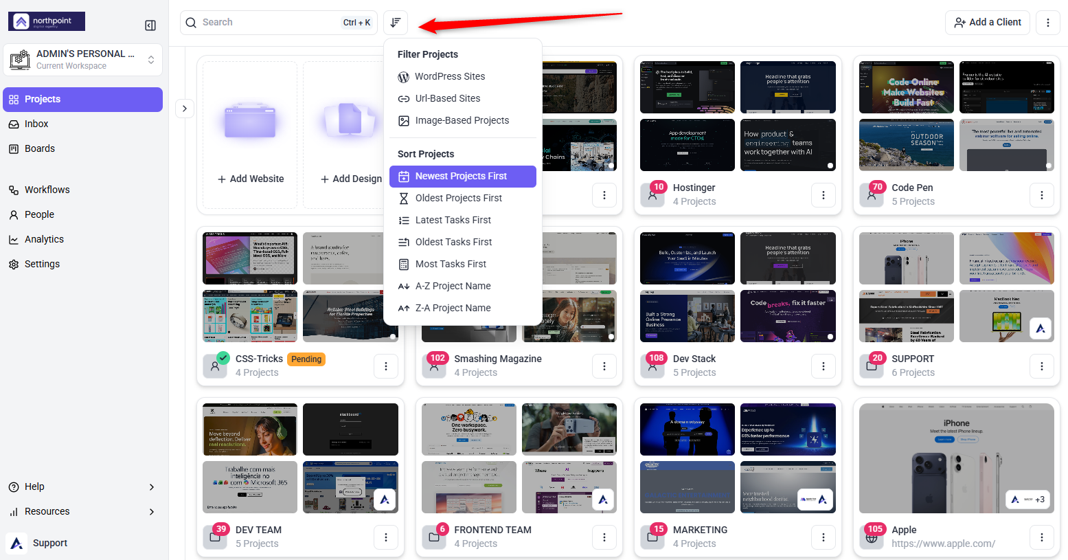 The Atarim Projects screen showing open task counts on each project