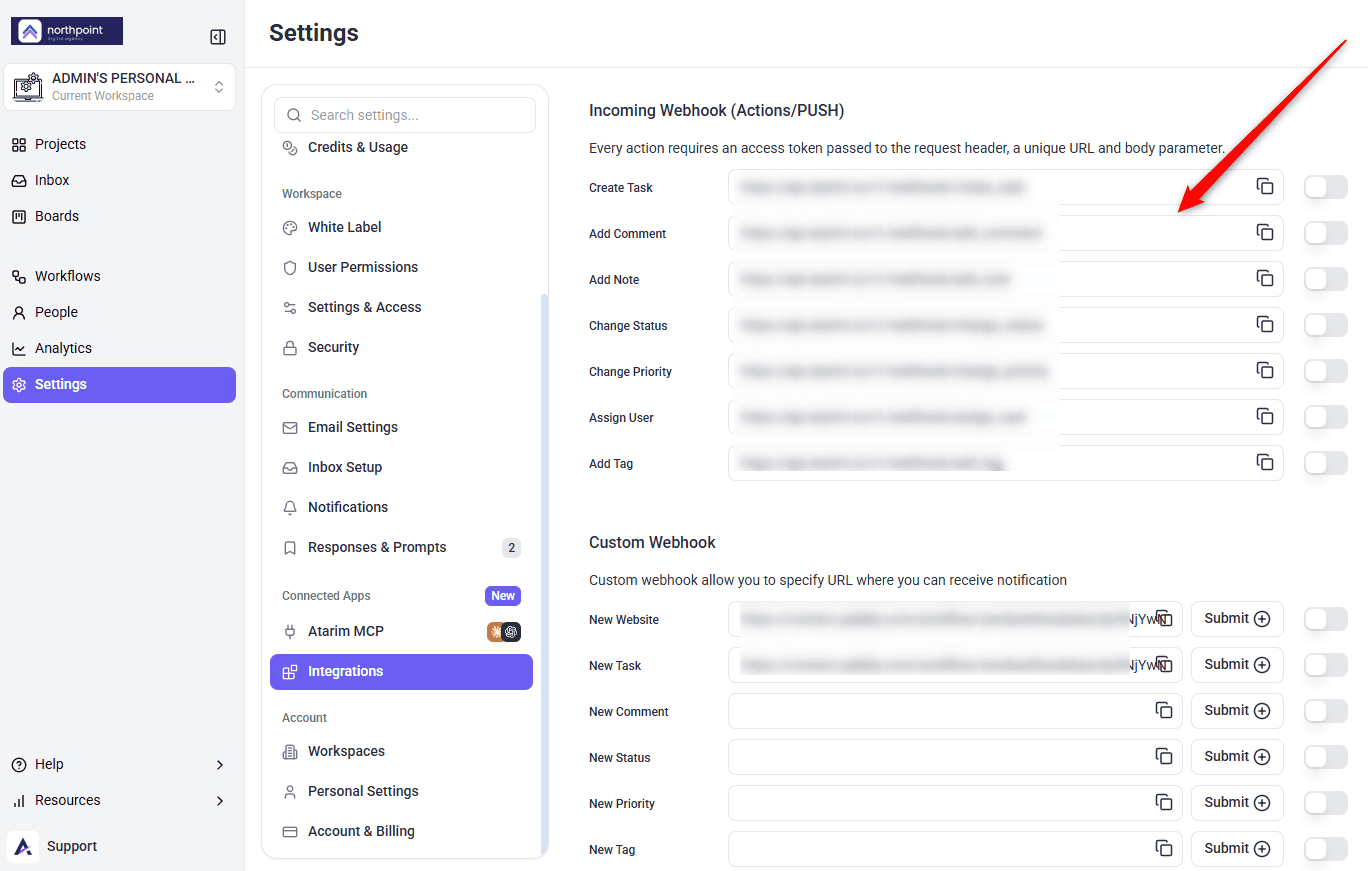 The Incoming Webhook actions list in Atarim, each action with its own URL