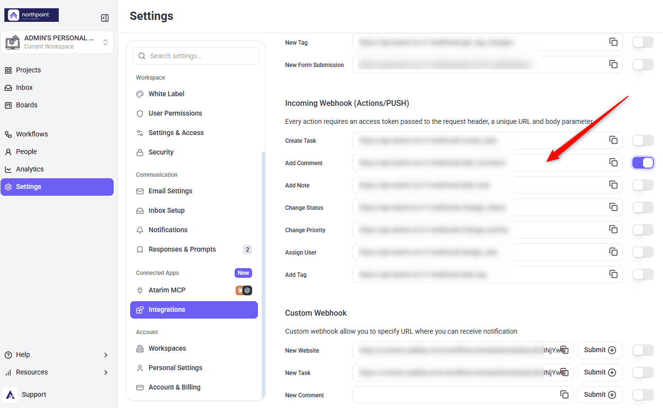 A request body configured for an Atarim incoming webhook action