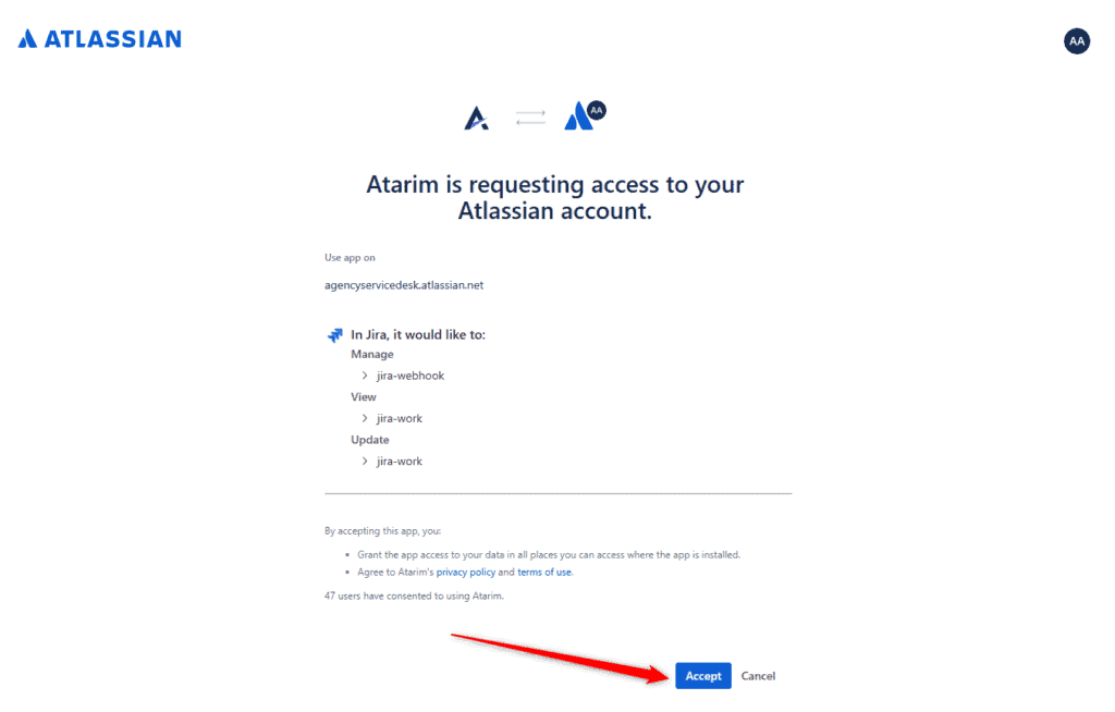 The Atlassian access request page showing the site under Use app on and the Accept button